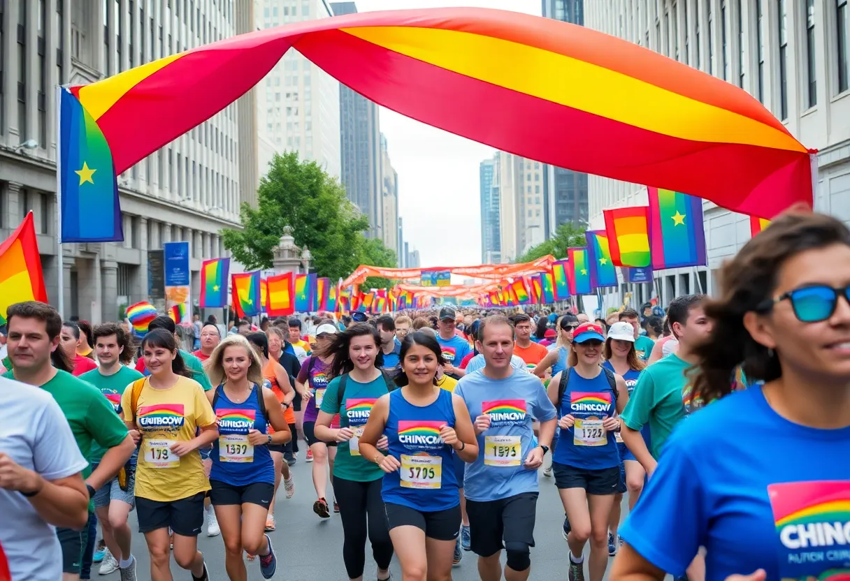 Participants running in the CommUNITY Rainbow Run with colorful banners in Orlando.