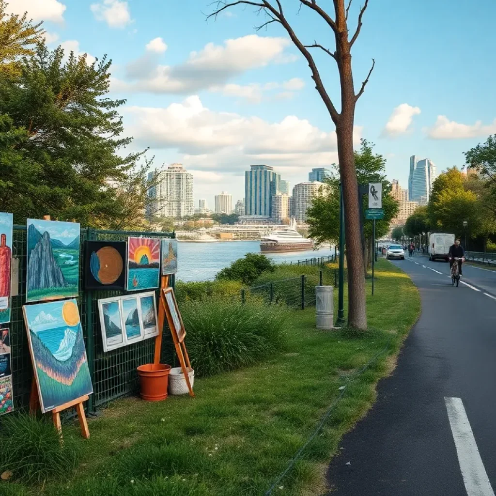 Outdoor art gallery featuring local artists' works along a beautiful bike trail