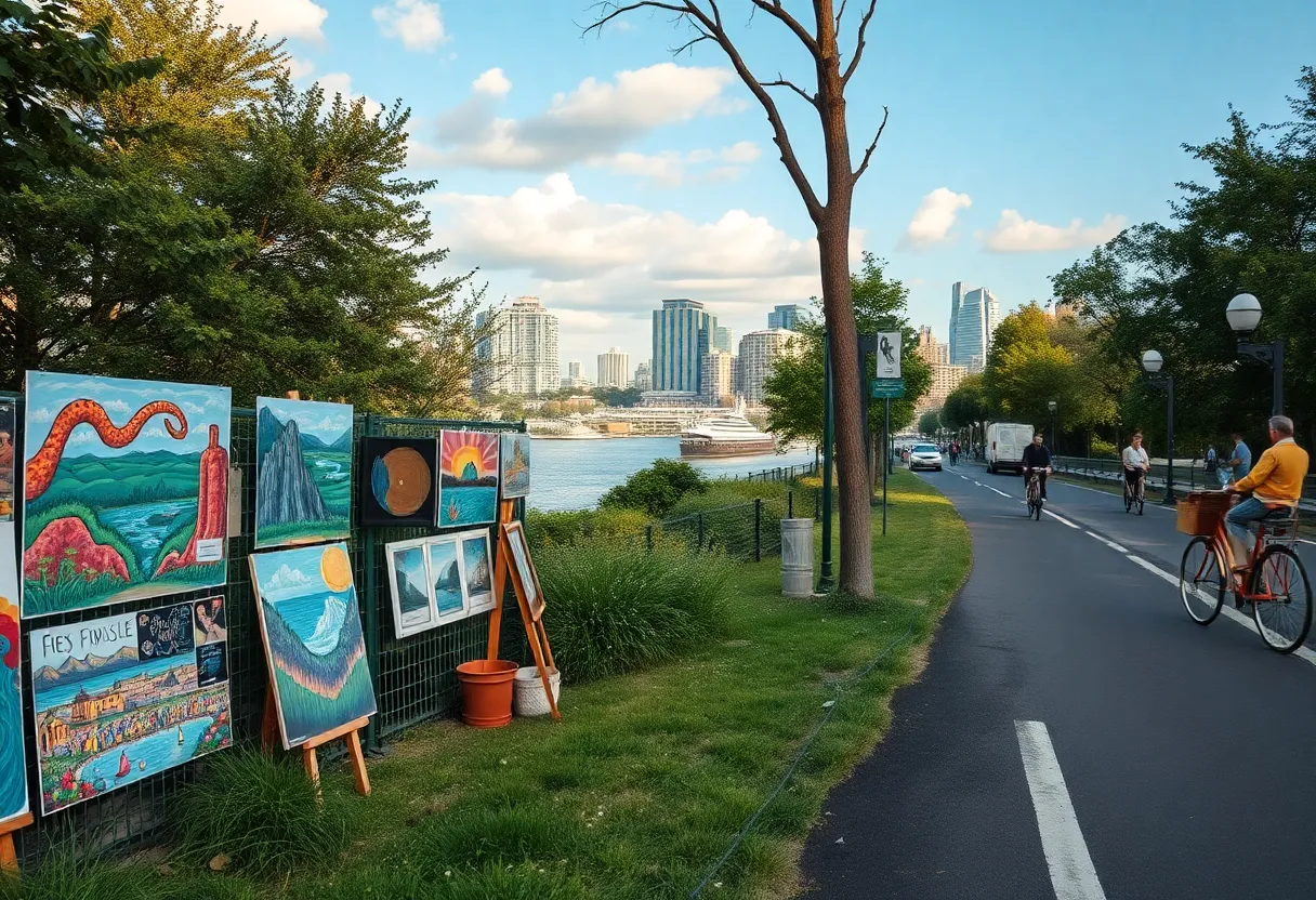 Outdoor art gallery featuring local artists' works along a beautiful bike trail
