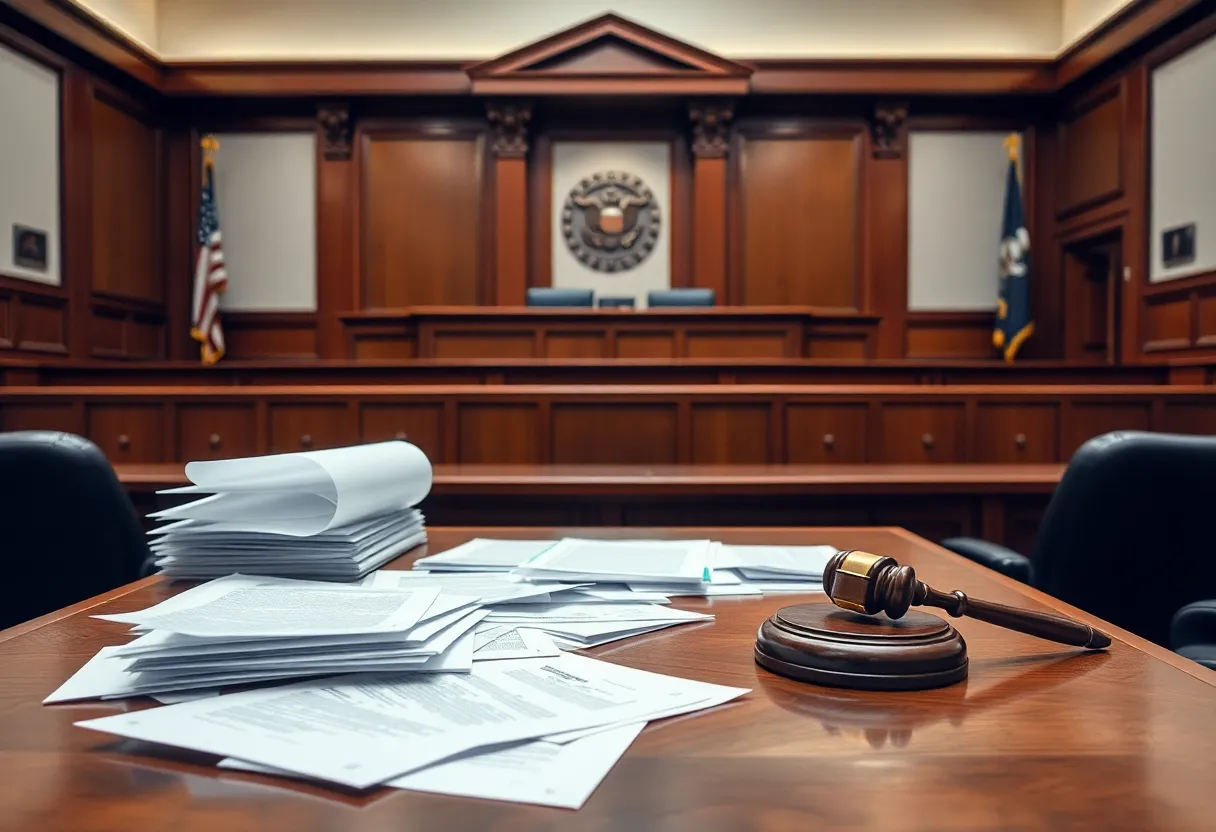 Courtroom setting illustrating trial delay
