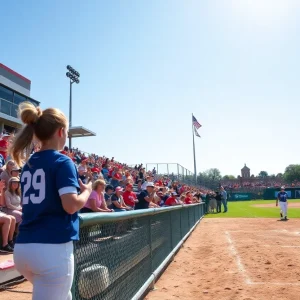 Oklahoma State University Cowgirls in action during softball game against UCF with fans cheering