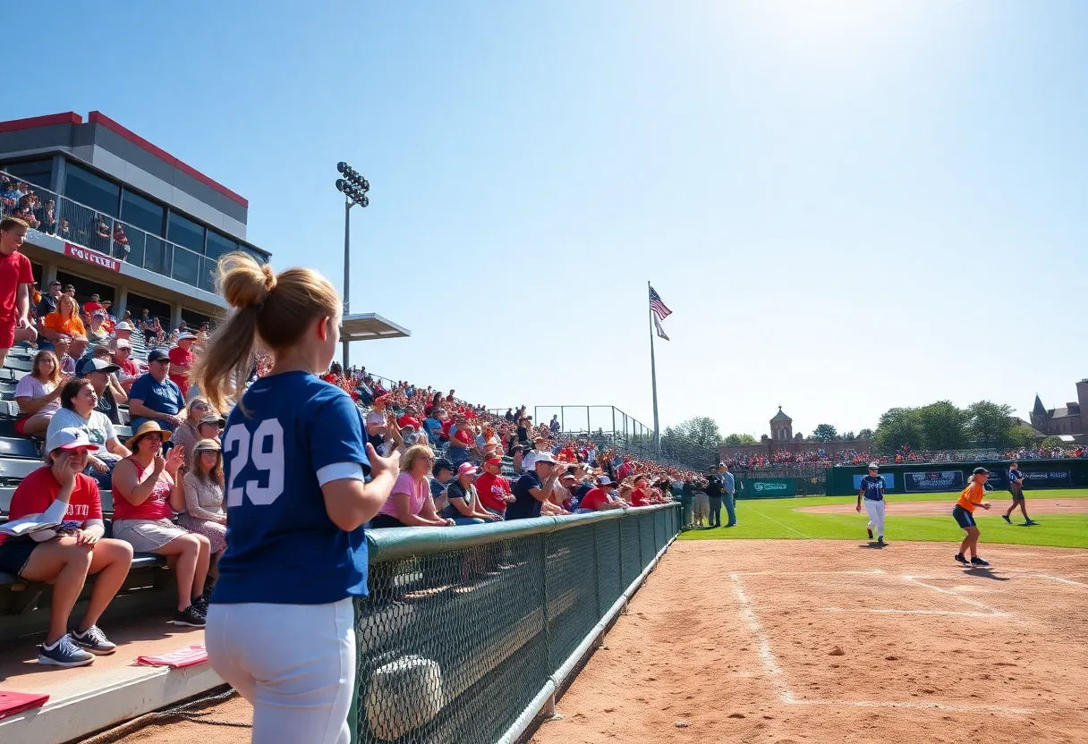 Oklahoma State University Cowgirls in action during softball game against UCF with fans cheering
