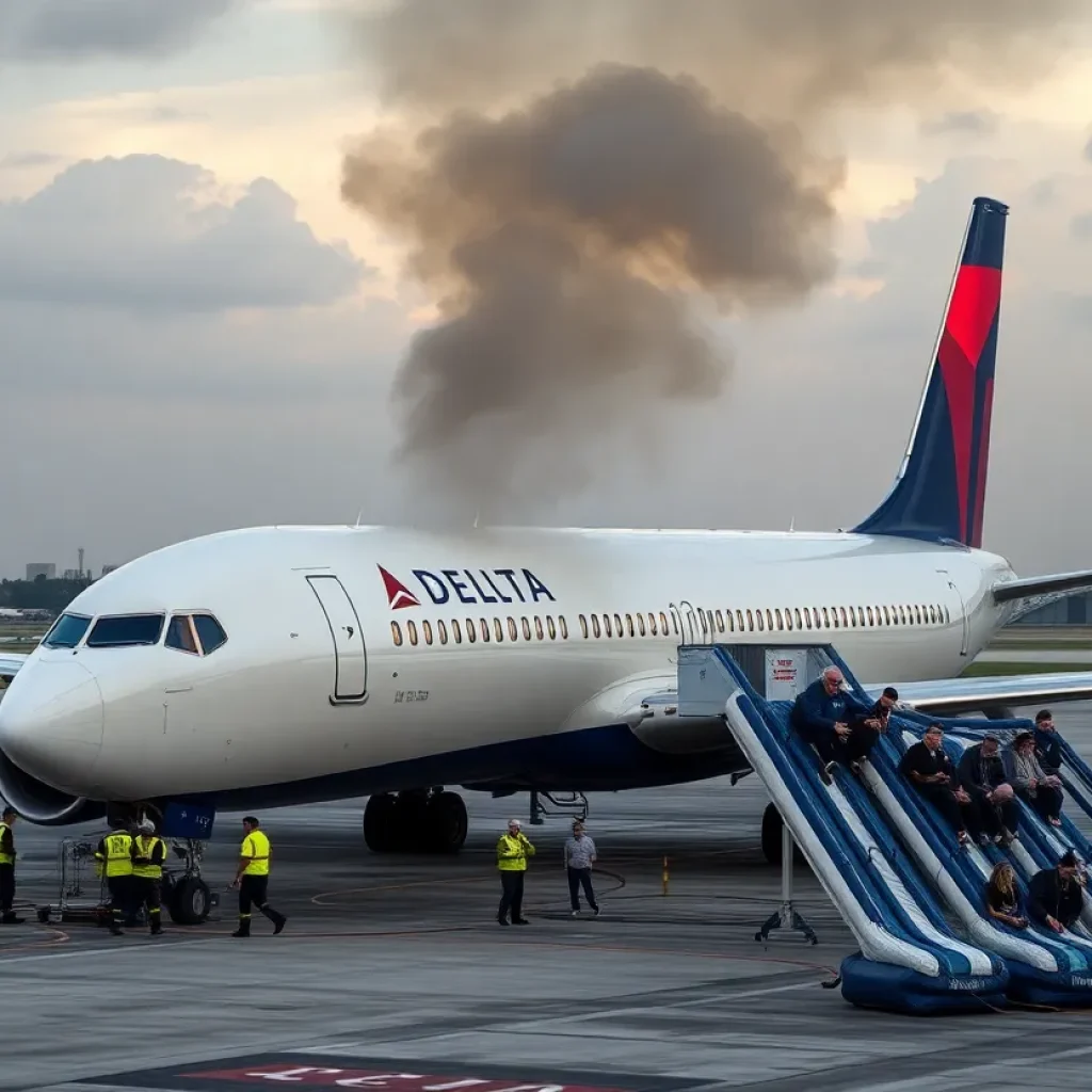 Delta Airlines airplane on the ground with smoke coming from the engine