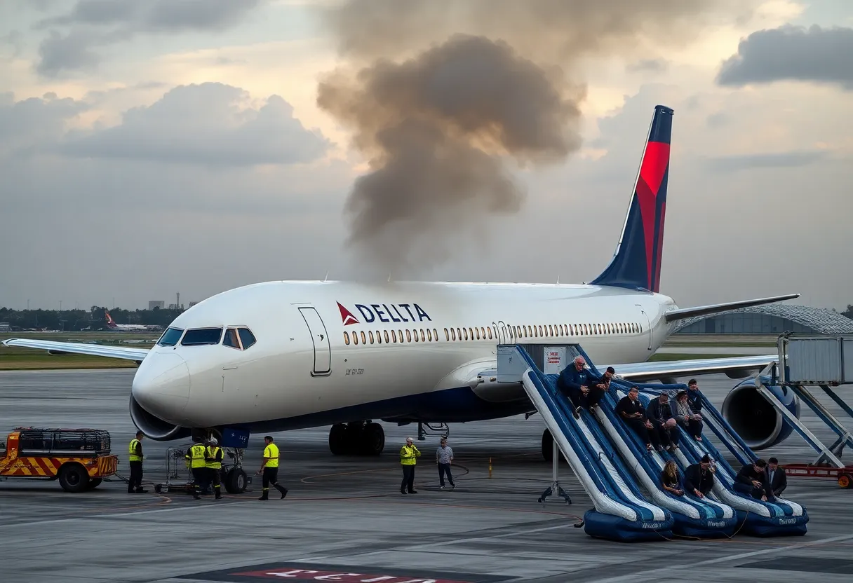 Delta Airlines airplane on the ground with smoke coming from the engine
