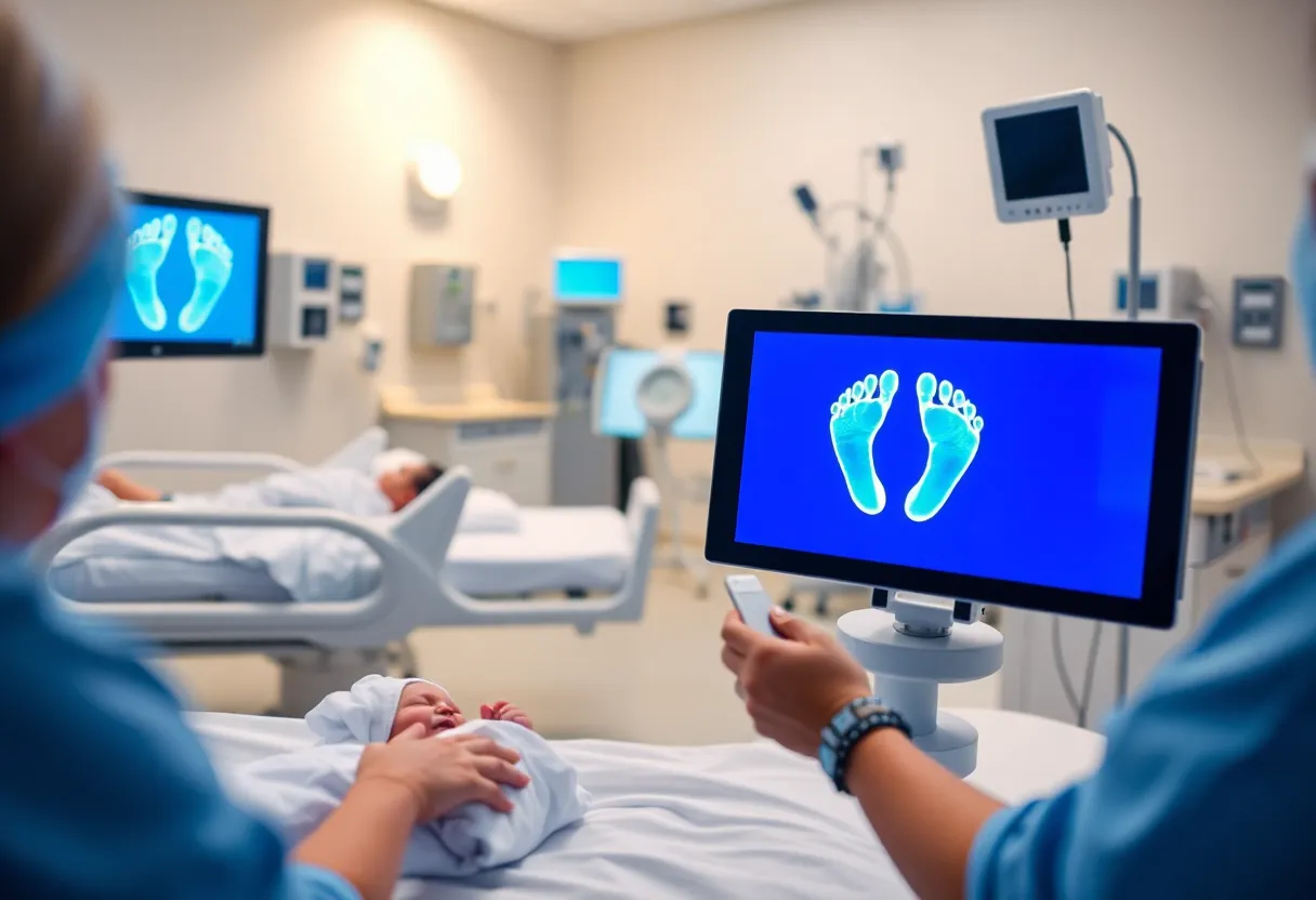 Newborns in a hospital nursery using digital footprint technology.