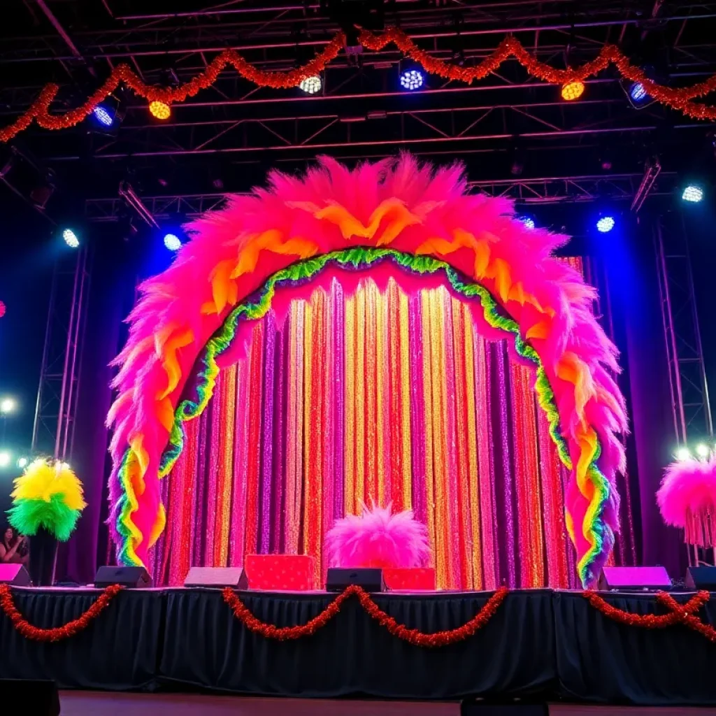 Vibrant drag performance stage with colorful lights