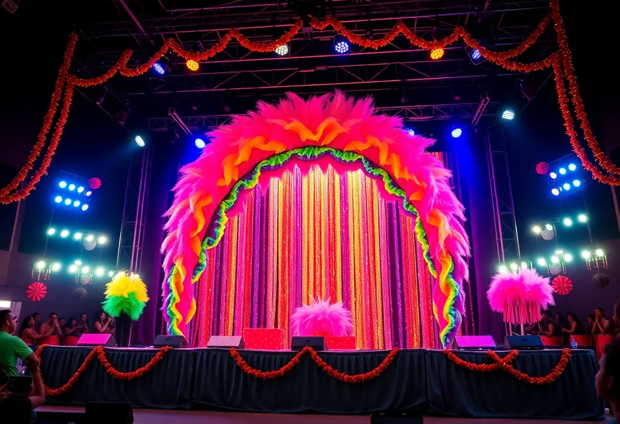 Vibrant drag performance stage with colorful lights