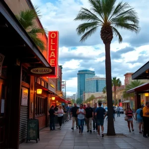 Empty bar fronts in downtown Orlando with people socializing outside.