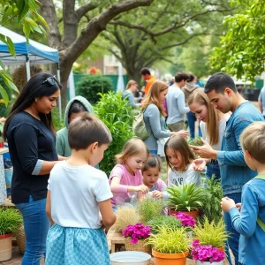 Families participating in Earth Day activities in Orlando with nature surroundings.
