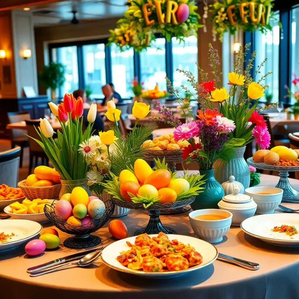 A lavish Easter brunch buffet in Orlando with colorful dishes and festive decorations