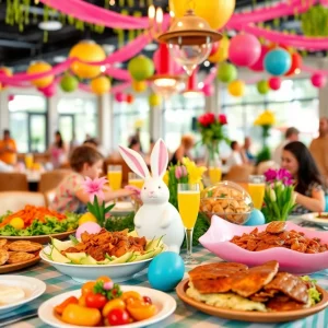 A festive Easter brunch table set with colorful decorations and delicious food in Orlando