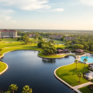 Overview of Evermore Resort's golf courses and lagoon