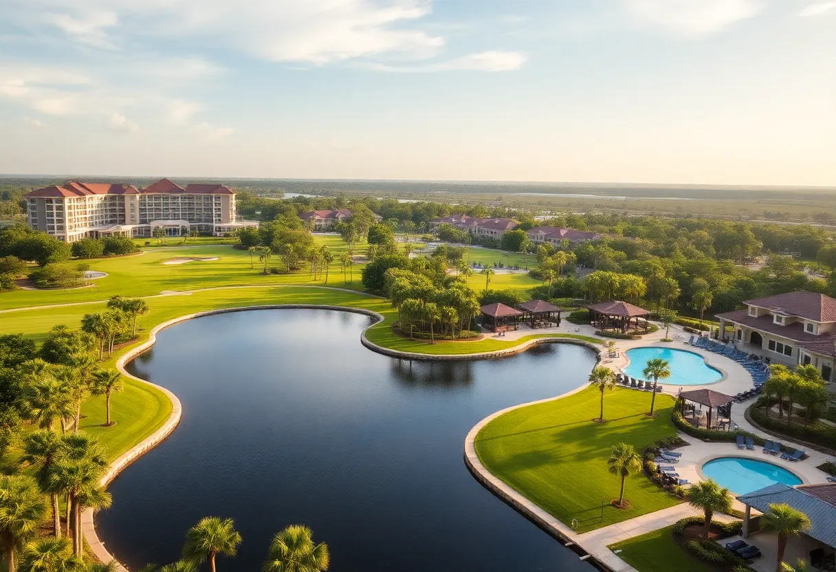 Overview of Evermore Resort's golf courses and lagoon