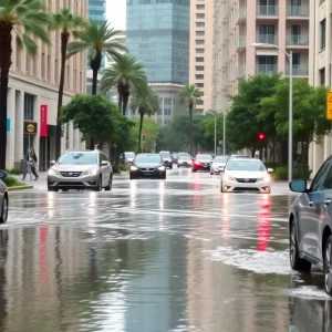 Flooded streets in downtown Orlando after heavy rainfall.