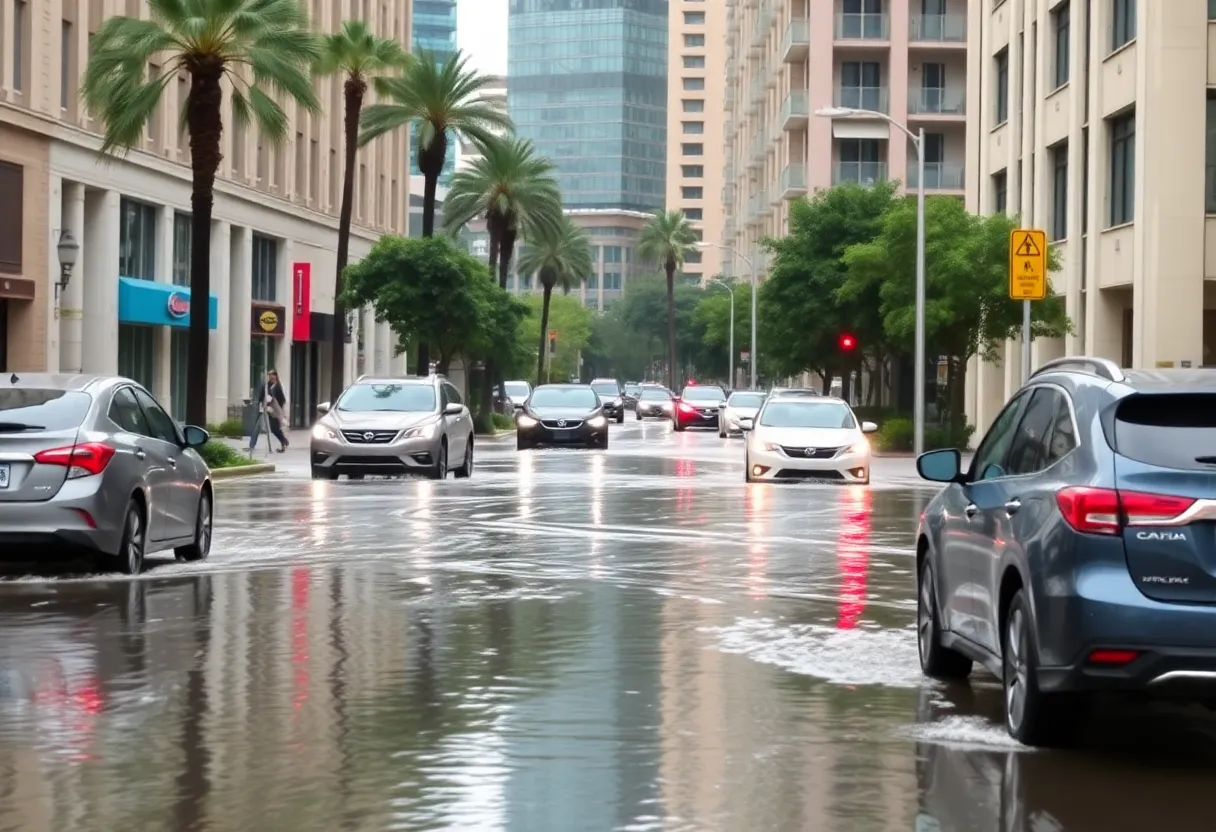Flooded streets in downtown Orlando after heavy rainfall.