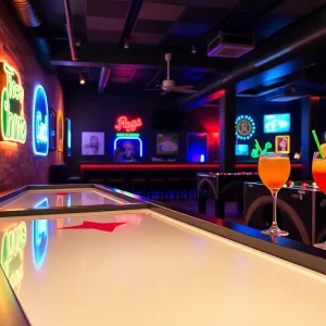 A vibrant Game Room in Orlando featuring shuffleboard and cocktails.
