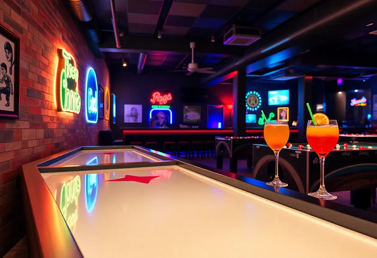 A vibrant Game Room in Orlando featuring shuffleboard and cocktails.