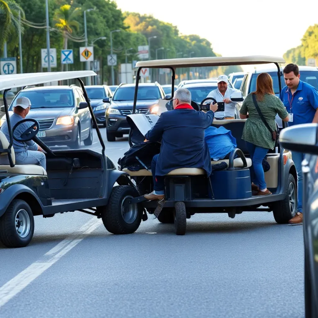 Scene of a golf cart crash with bystanders observing