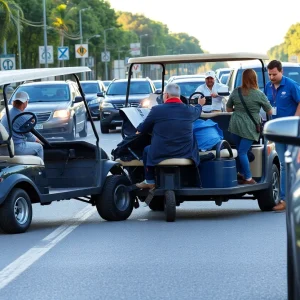 Scene of a golf cart crash with bystanders observing