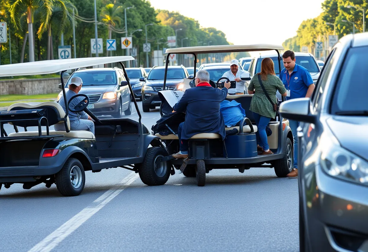 Scene of a golf cart crash with bystanders observing