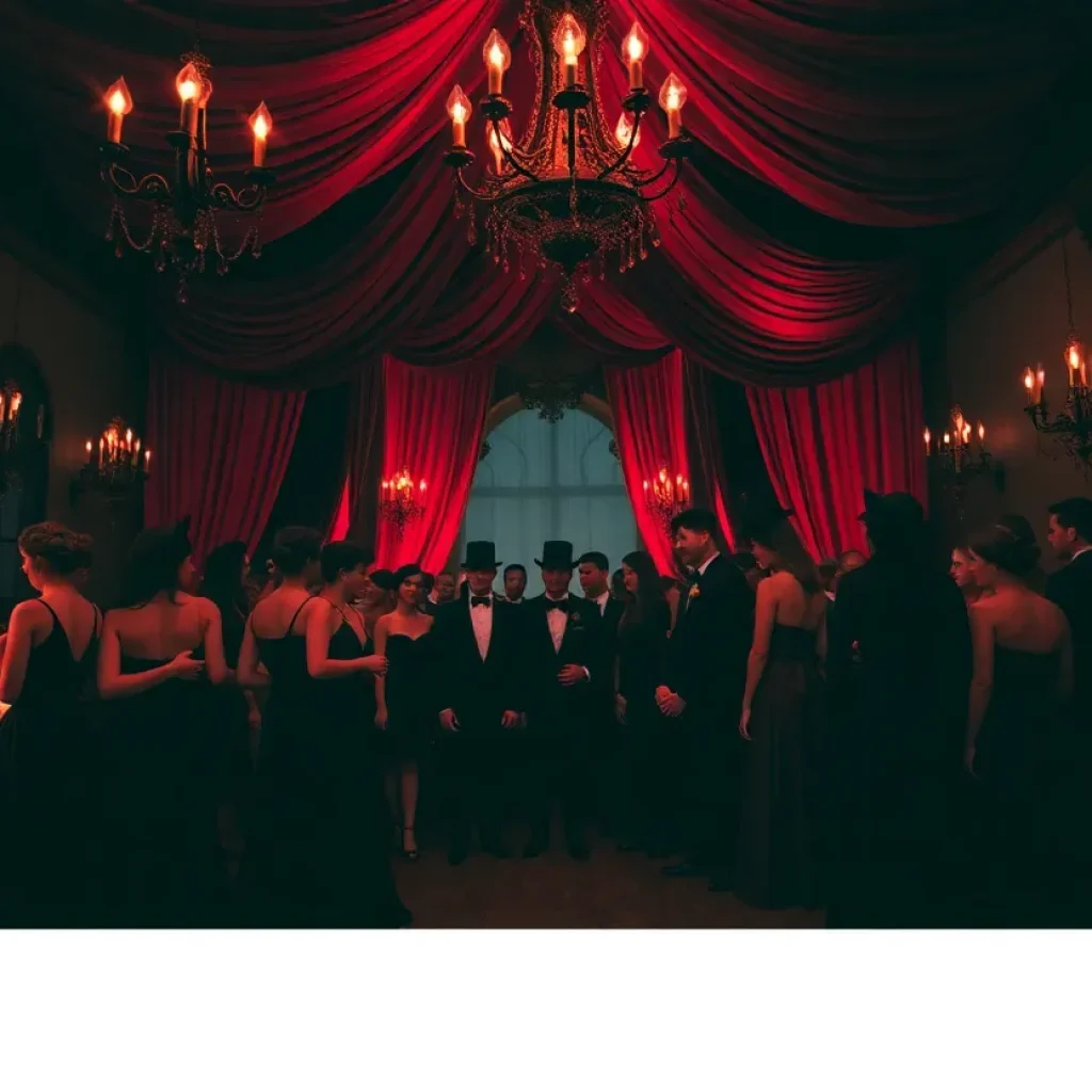 Gothic prom with attendees in dark attire and elaborate decorations