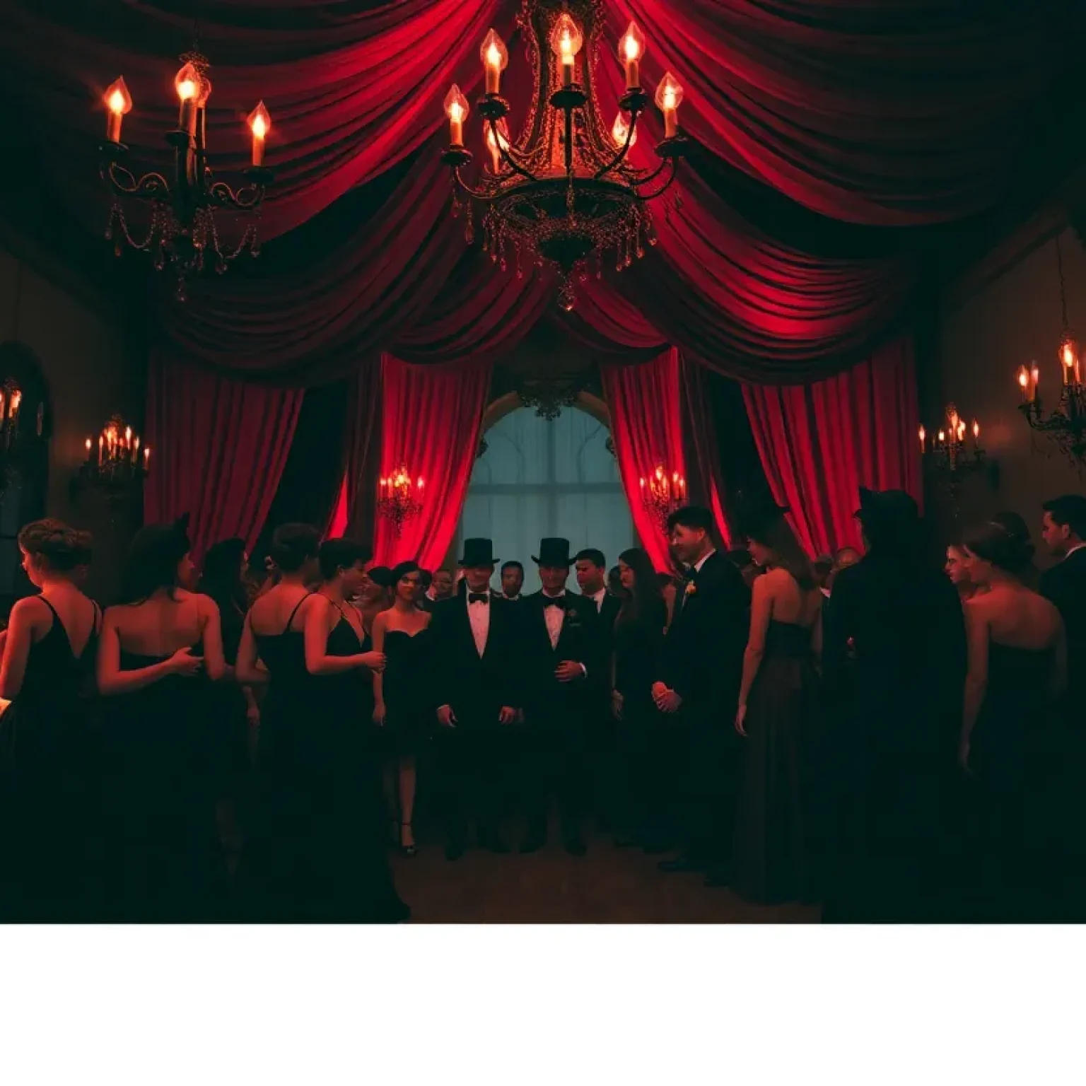 Gothic prom with attendees in dark attire and elaborate decorations