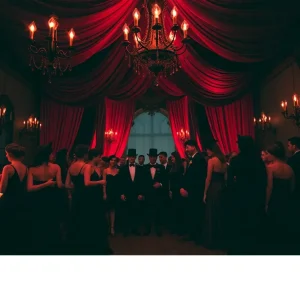 Gothic prom with attendees in dark attire and elaborate decorations