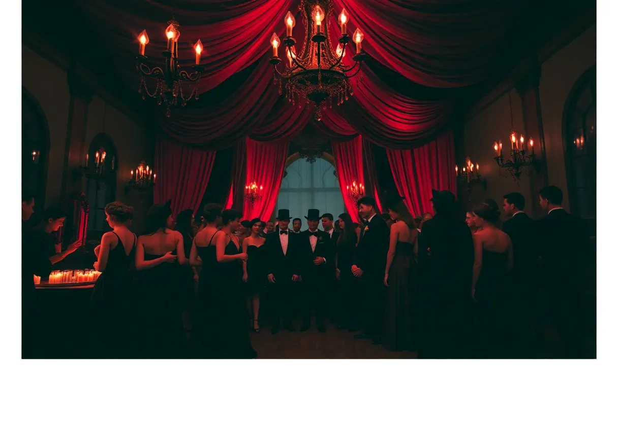Gothic prom with attendees in dark attire and elaborate decorations