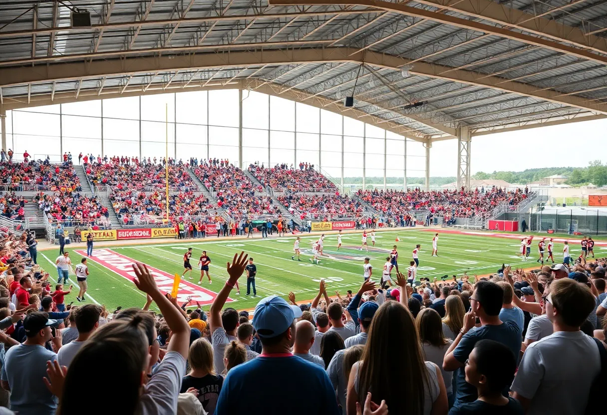 Crowd cheering at a high school sports event