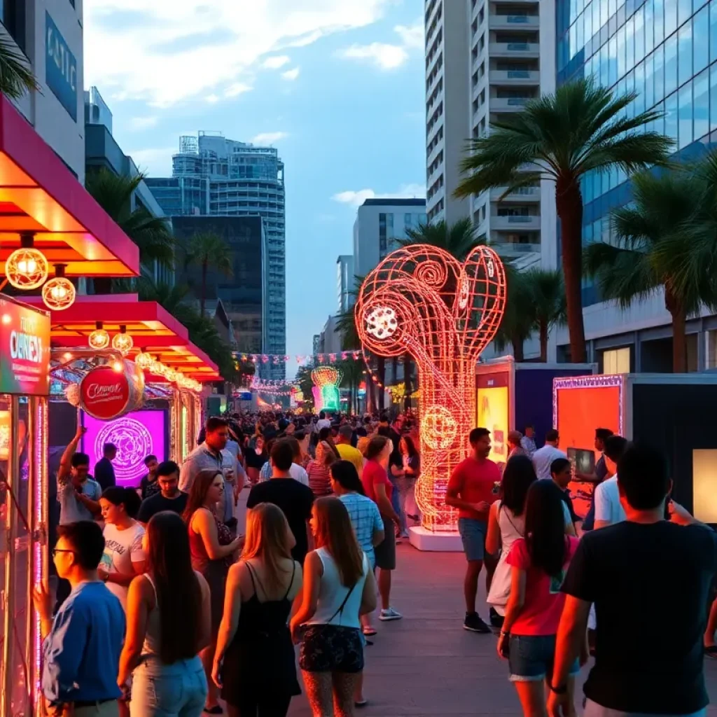 An immersive art festival in downtown Orlando with lively performers and bright artwork.