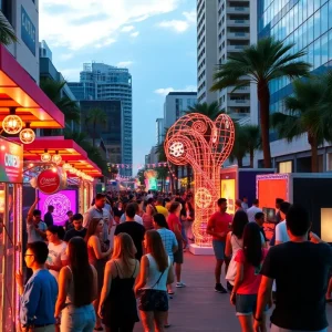 An immersive art festival in downtown Orlando with lively performers and bright artwork.