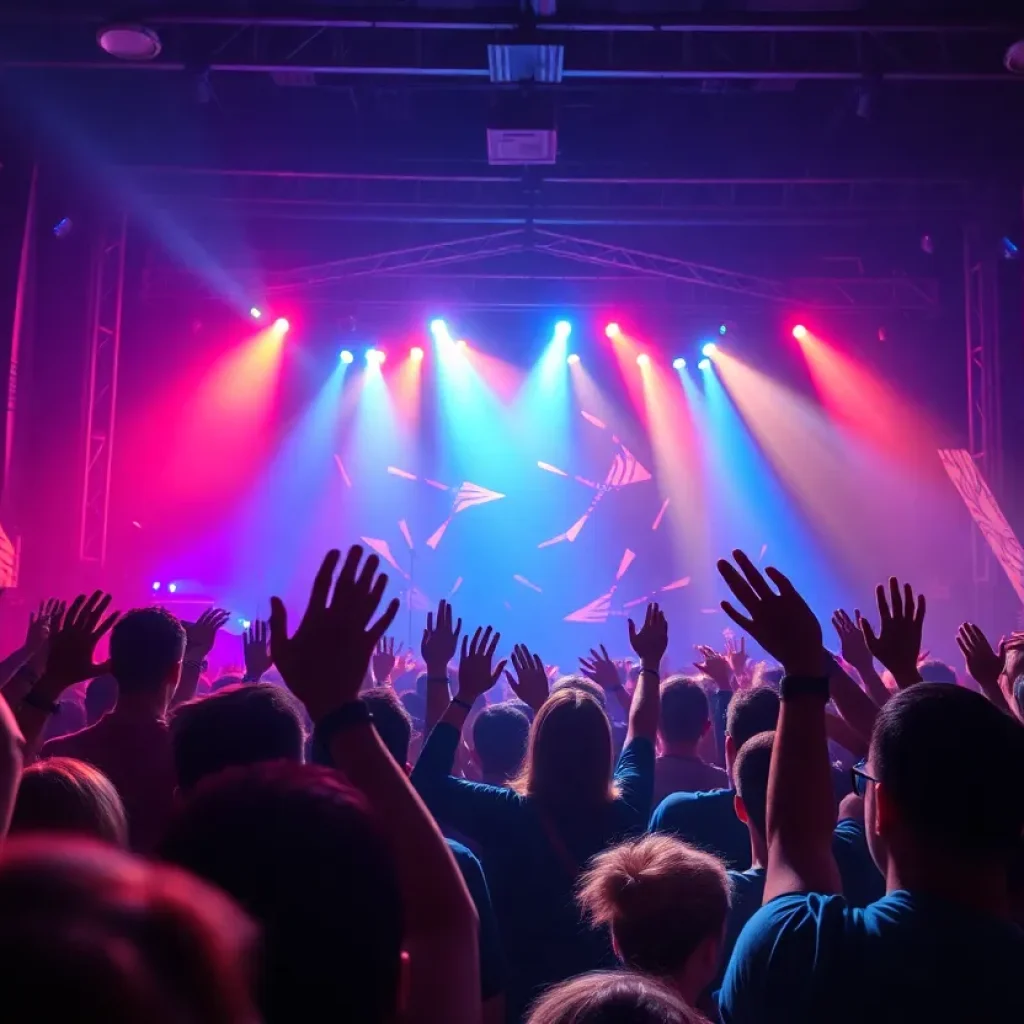 Vibrant concert scene with excited fans and stage lights