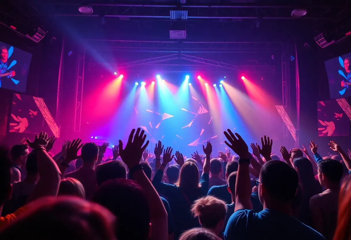 Vibrant concert scene with excited fans and stage lights