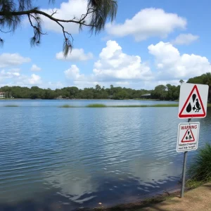 Warning signs at Lake Mann about avoiding water contact due to sewage overflow
