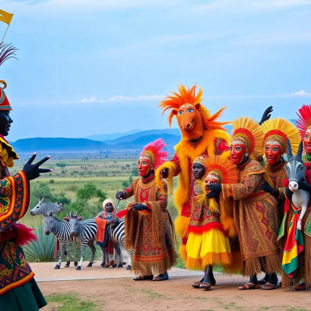 A vibrant scene from The Lion King musical performance