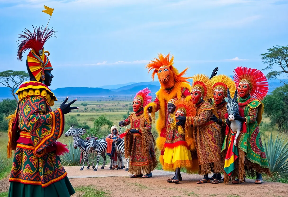 A vibrant scene from The Lion King musical performance