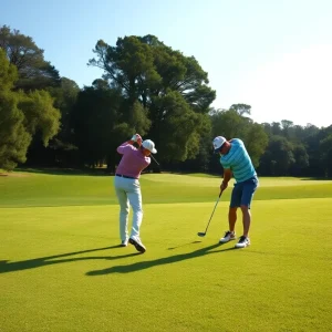 Golfers competing on a green golf course