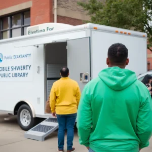Mobile shower trailer outside Downtown Orlando Library providing hygiene services to homeless individuals.