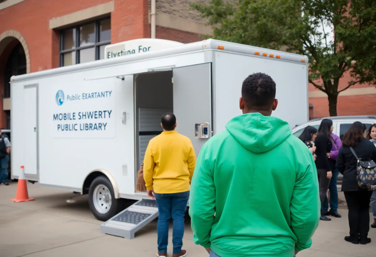 Mobile shower trailer outside Downtown Orlando Library providing hygiene services to homeless individuals.