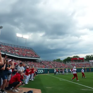 Oklahoma Sooners softball team warming up on the field with fans in the stands