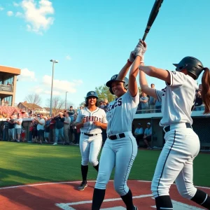 Oklahoma Sooners softball players celebrating after a home run during a game.