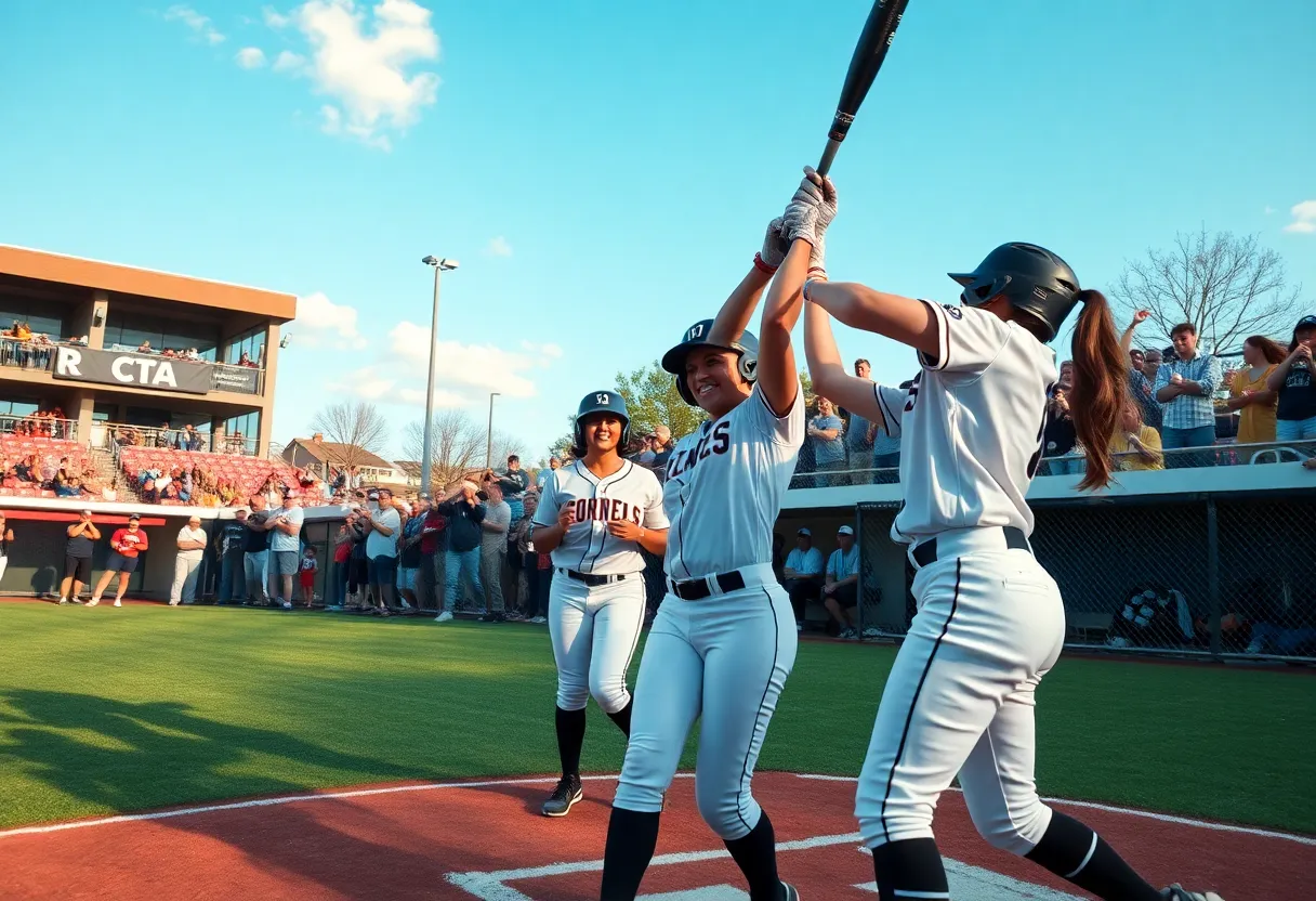 Oklahoma Sooners softball players celebrating after a home run during a game.