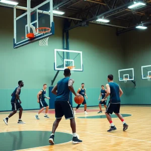 Basketball players training on the court during practice