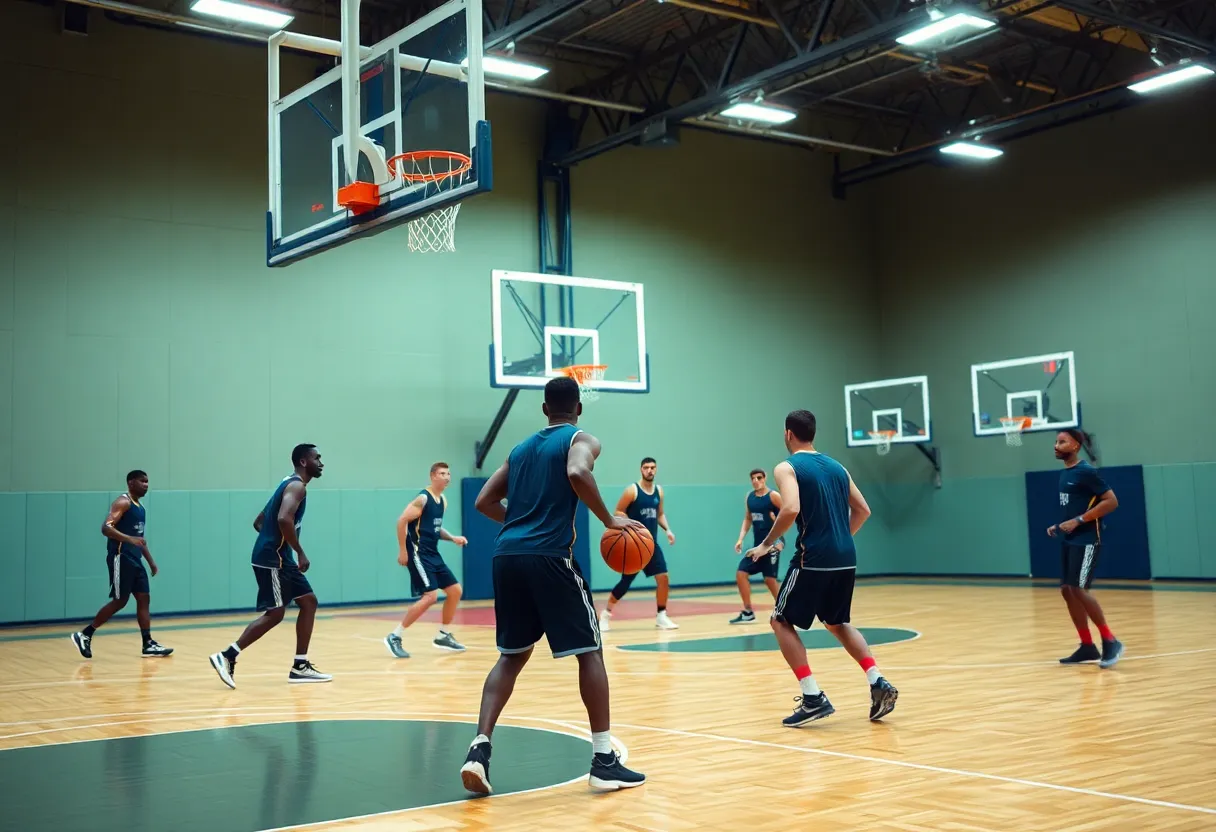 Basketball players training on the court during practice
