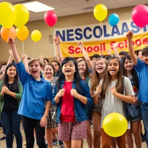 Students at a pep rally celebrating scholarship announcements in Orange County.