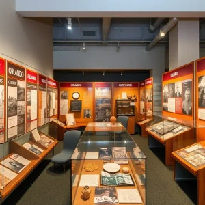 Display of historical artifacts at Orlando's 150th anniversary exhibit.