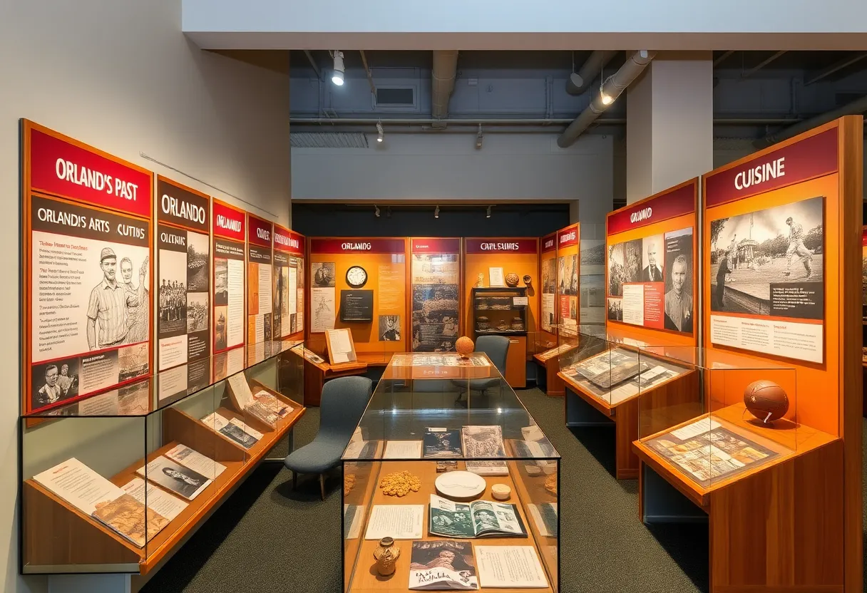 Display of historical artifacts at Orlando's 150th anniversary exhibit.