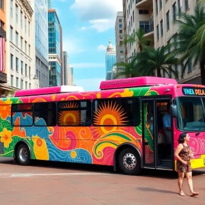 Vibrant celebration of 407 Day in Orlando with a decorated bus and community activities.