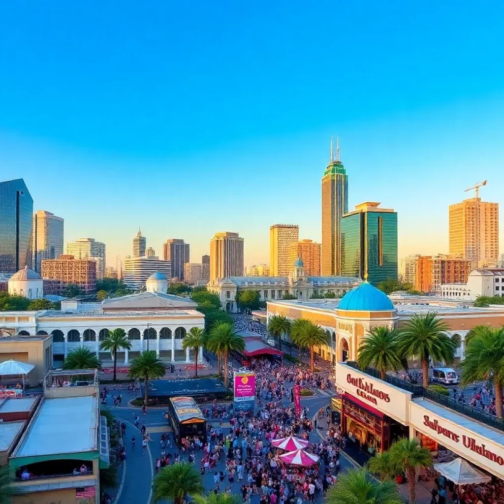 A vibrant cityscape of Orlando featuring modern and historical buildings.