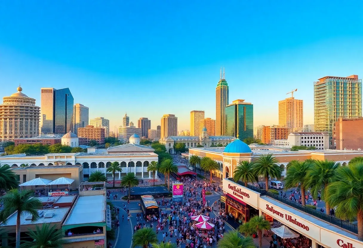 A vibrant cityscape of Orlando featuring modern and historical buildings.